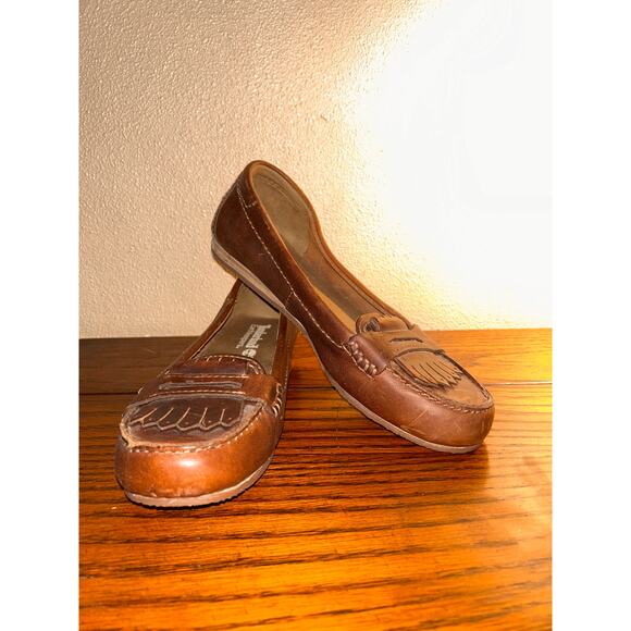Timberland Preppy Distressed Boho Hippie Brown Fringe Leather Penny Loafers - Picture 2 of 12